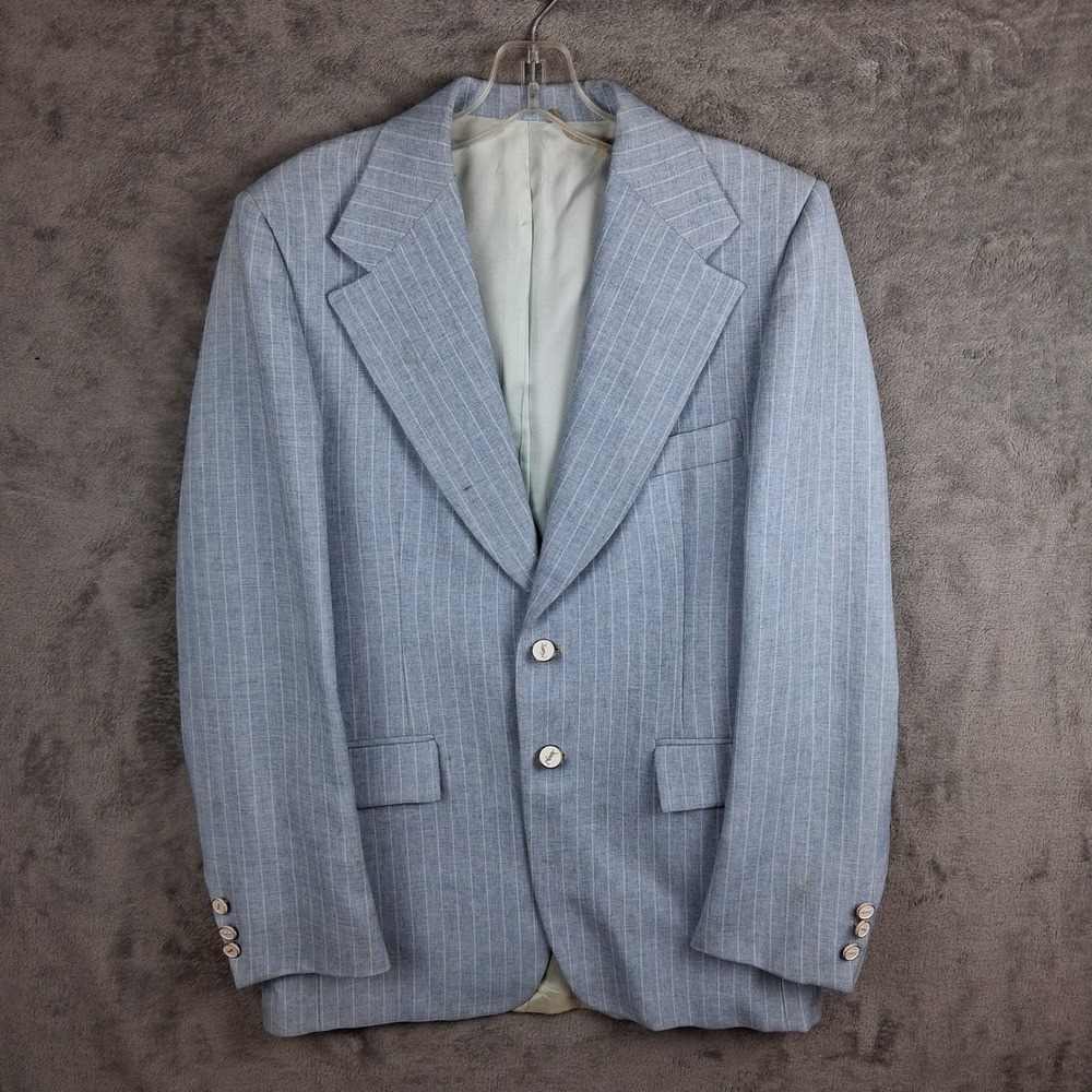 Vintage 80s Yves Saint Laurent Blazer Mens 38R Light Blue Pinstripe YSL